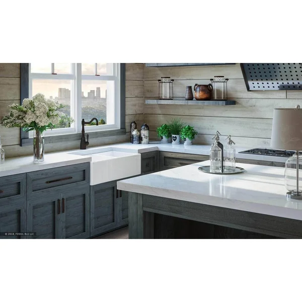 Fossil Blu Luxury 33 in. Ultra Fine Fireclay Modern Farmhouse Kitchen Sink in White - Double Bowl with Flat Front, Includes Drain
