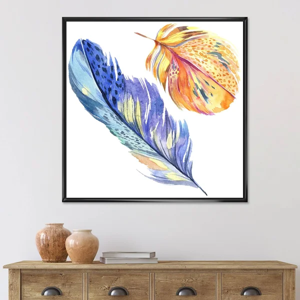 Designart &Colorful Blue Bird Feather from Wing& Bohemian & Eclectic Framed Canvas Wall Art Print - 30 in. Wide x 30 in. Hig