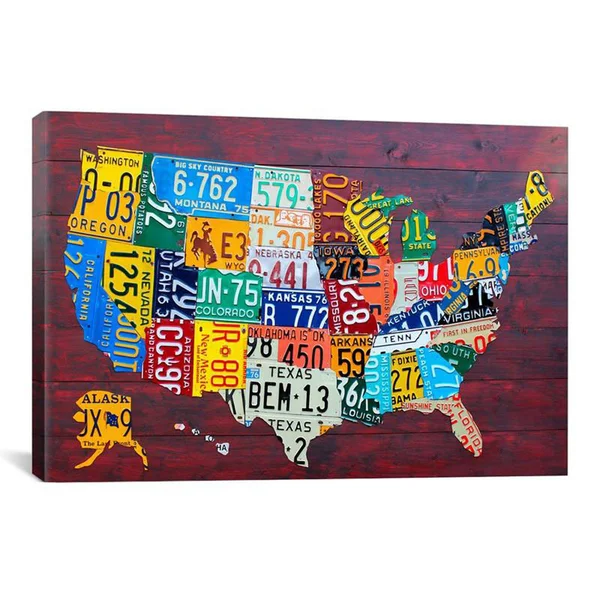 iCanvas 9210-1pc3-26x18 License Plate Map USA by David Bowman Canvas Print
