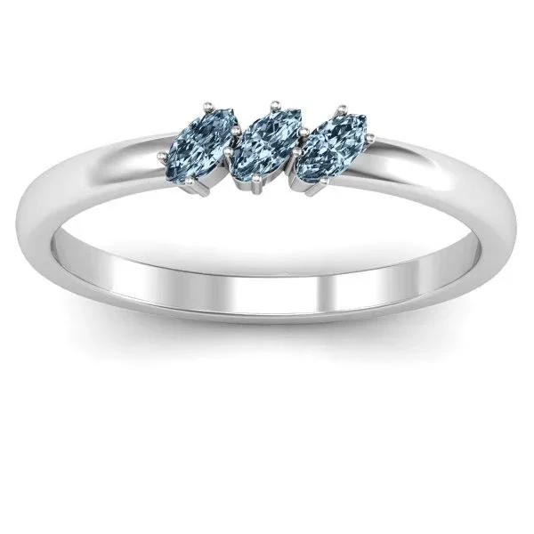 10K White Gold Petit Marquise Trio Mothers Ring with Aquamarine (Simulated) Stones