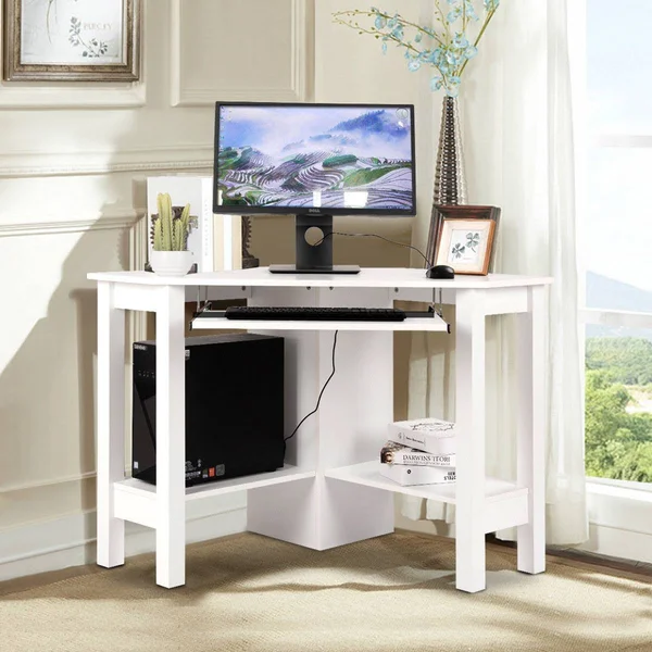 Costway Wooden Study Computer Corner Desk with Drawer-White