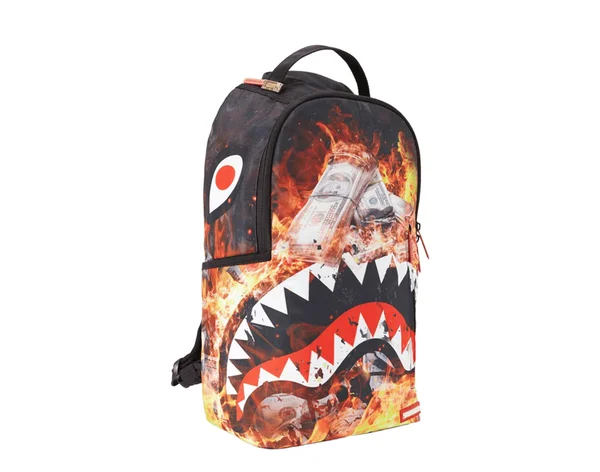 Sprayground Fire Money Shark Backpack - 18" x 6" x 11.5"