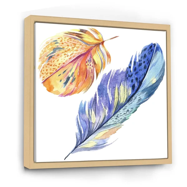Designart &Colorful Blue Bird Feather from Wing& Bohemian & Eclectic Framed Canvas Wall Art Print - 30 in. Wide x 30 in. Hig