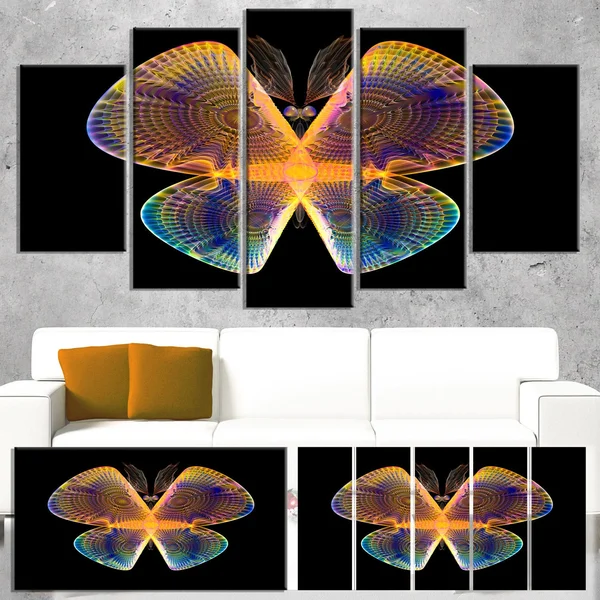 Design Art 'Blue Yellow Fractal Butterfly in Dark' Graphic Art on Wrapped Canvas - Size: 28 inch H x 60 inch W x 1.5 inch D