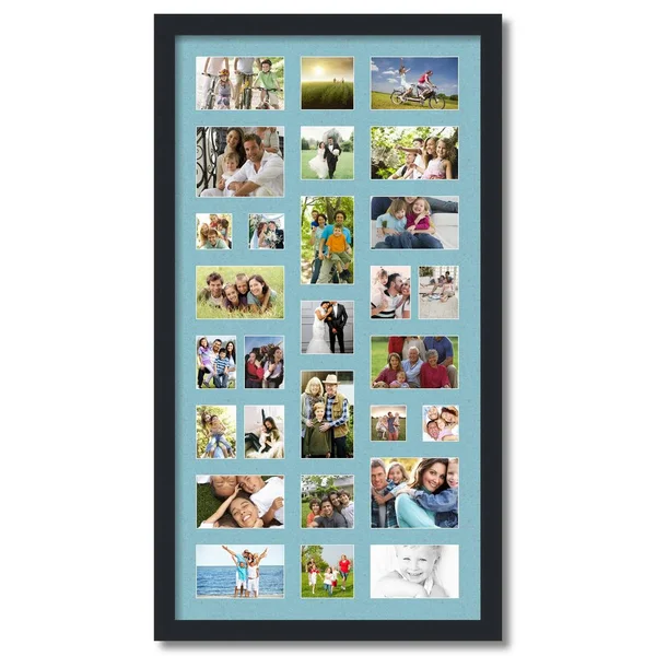 Collage Picture Frame - Satin Black Frame with 28 openings for 4x5 Photos with French Blue Mat. D3926FB561, ArtToFrames