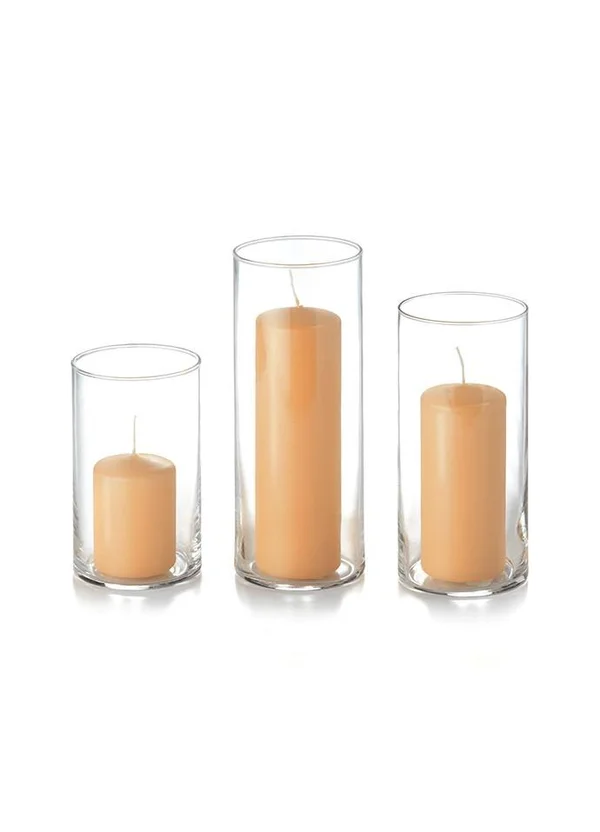Yummi Set of 36 Slim Pillar Candles and Cylinder Vases - Caramel