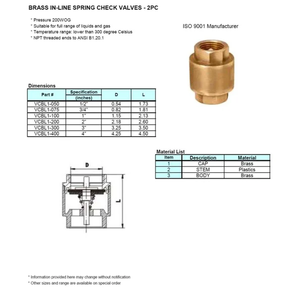 DuraChoice 3x22 Brass In-Line Spring Check Valve - 200WOG
