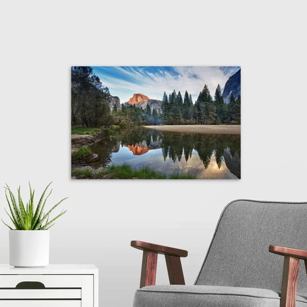 Half Dome Reflecting in Merced River in Yosemite National Park. - Canvas Wall Art, 24x16, Great Big Canvas
