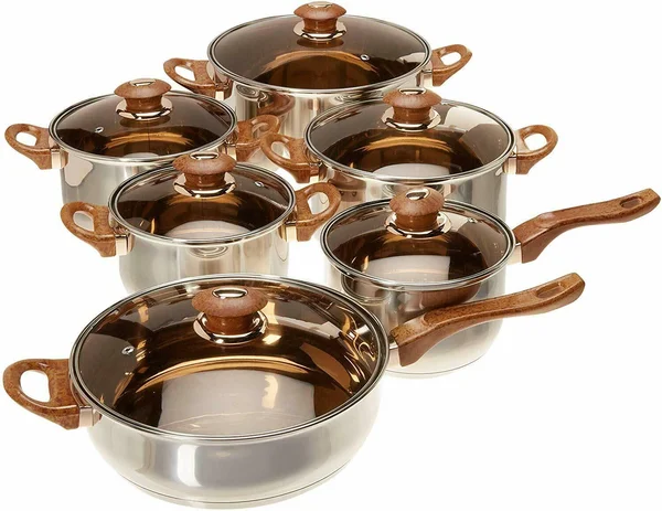 Uniware Stainless Steel Cookware Set (12 Pcs Stainless Steel Brown Handle Pot and Pan Set)