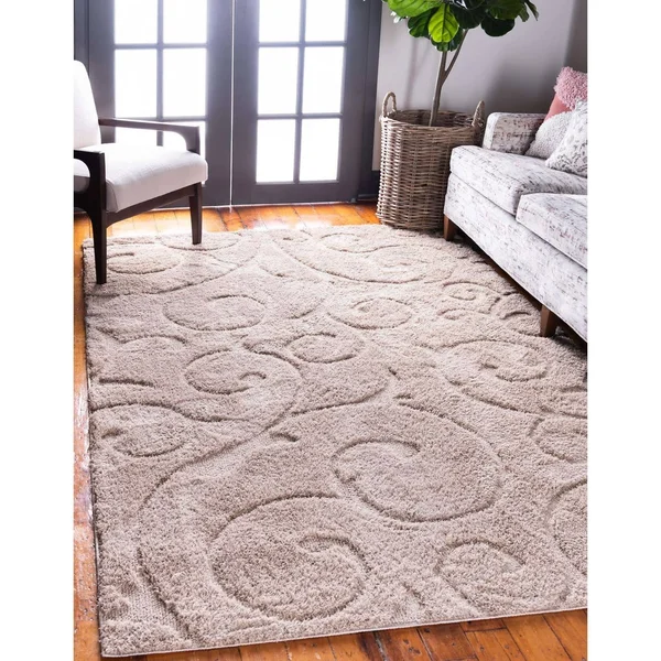 Unique Loom Carved Floral Shag Area Rug - 4& x 6& - Ivory
