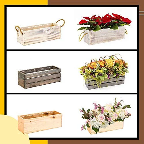 Wood Planter Box with Wine Crate Styled - 12x4 inch Rectangular, Rustic Barn Wood, Plastic Liner, Garden Centerpiece Display, Wed