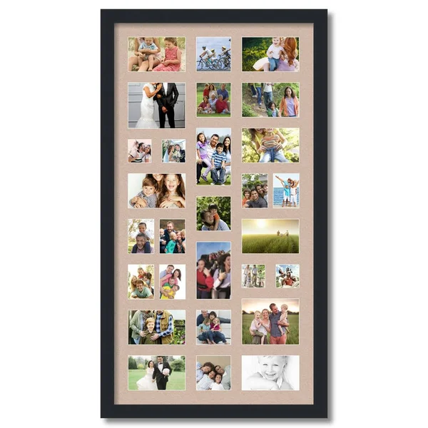 Collage Picture Frame - Satin Black Frame with 28 openings for 4x5 Photos with Grey Beige Mat. D3926DV561, ArtToFrames
