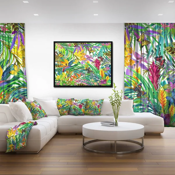 Designart &Tropical Leaves and Flowers& Floral Art Framed Canvas Print - 20 in. Wide x 12 in. High