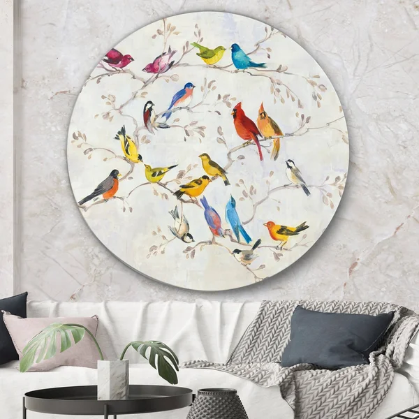 Designart 'Multi-Color Bird on Tree' Traditional Metal Circle Wall Art - 11 x 11 - Disc of 11 inch
