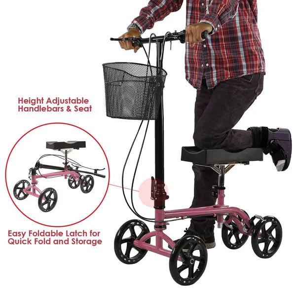 Clevr Medical Foldable Steerable Knee Walker Scooter with Basket, Pink, 30" x 20" x 20"
