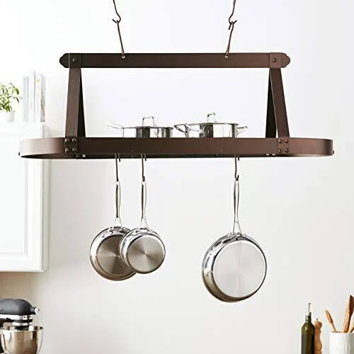 Old Dutch Oiled Bronze Oval Hanging Pot Rack with Grid & 24 Hooks