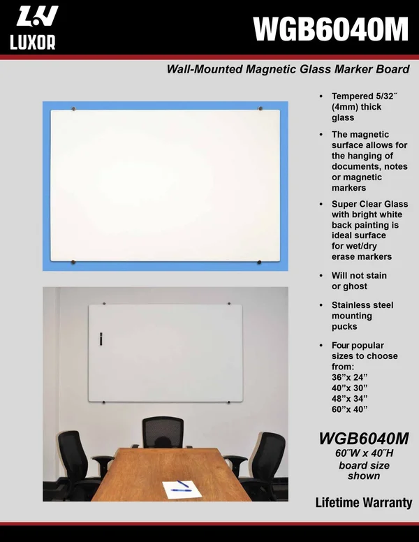 Luxor wgb4030 Wall-Mounted Glass board, 40x22w x 30x22H
