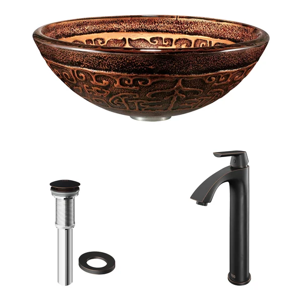 Vigo VGT371 Golden Greek Glass Vessel Sink and Linus Faucet Set in Antique Rubbed Bronze