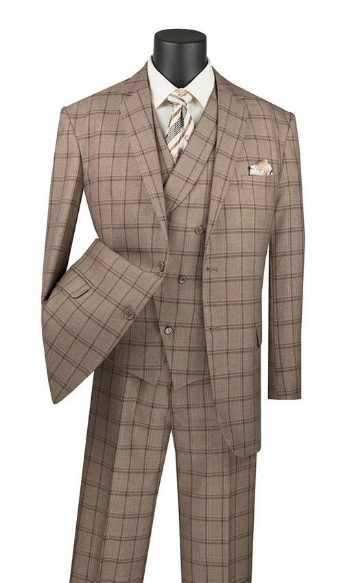 Vinci Men's Atrani Collection - Regular Fit Windowpane Suit 3 Piece in Khaki 50 Long - 45 Waist, Khaki