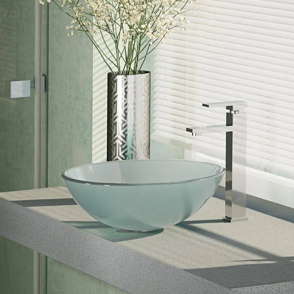 Rene R5-5002-R9-7003 16-1/2x22 Glass Vessel Bathroom Sink with Vessel Faucet Sink Frosted, Chrome