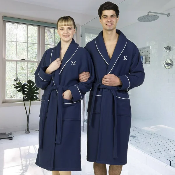Linum Home Textiles Hotel Turkish Cotton Waffle Terry Bathrobe with Satin Piped Trim - Personalized - Navy - Blue