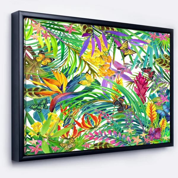 Designart &Tropical Leaves and Flowers& Floral Art Framed Canvas Print - 20 in. Wide x 12 in. High