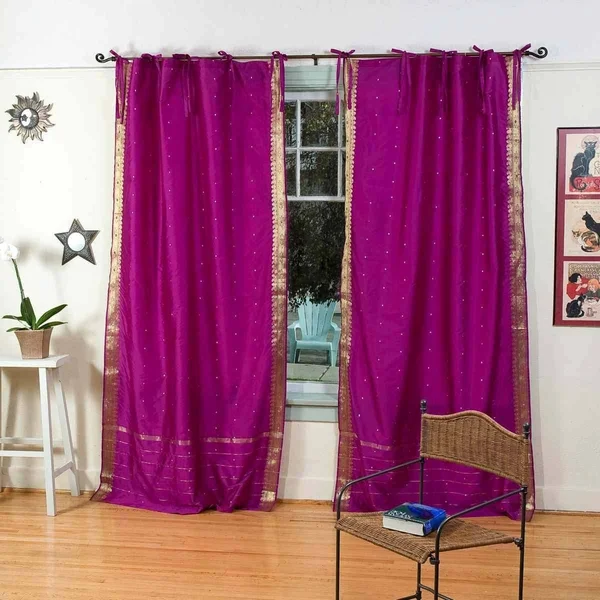 Violet Red Tie Top Sheer Sari Curtain, Drape, Panel - Piece, Purple