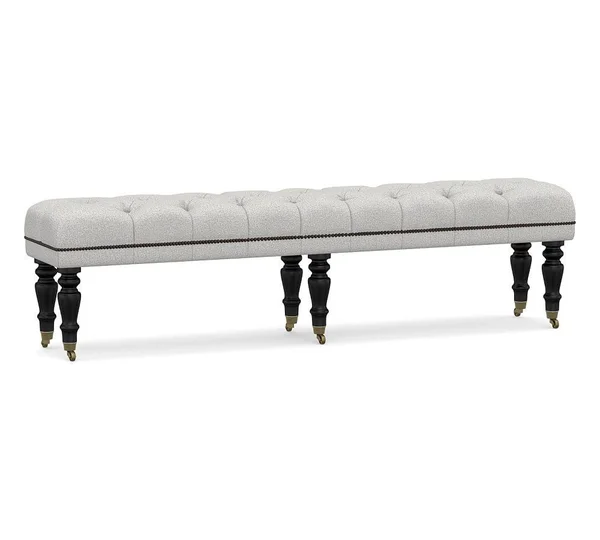 Pottery Barn Raleigh Upholstered Tufted King Bench with Black Legs & Bronze Nailheads, Park Weave Ash
