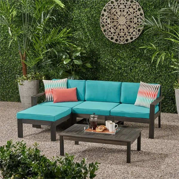 Noble House Santa Ana 3 Seater Acacia Wood Sofa Sectional with Cushion Dark Gray/Teal