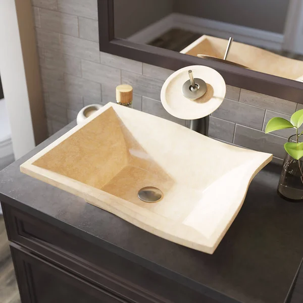 Mr Direct 859 Egyptian Yellow Marble Vessel Sink Ensemble with Brushed Nickel Finish Waterfall Faucet, Pop-Up Drain, and Sink Ri