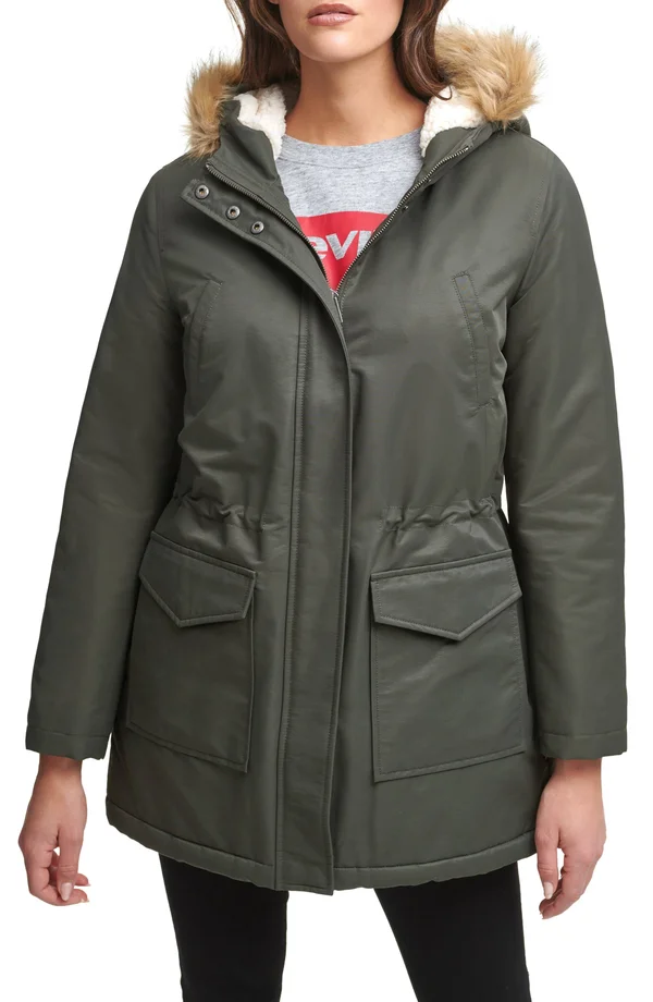 Levi&s Women's Hooded Fishtail Parka with Faux-Fur Trim - Army Green