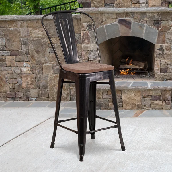 Flash Furniture 24x22 High Metal Counter Height Stool with Back and Wood Seat - Black-Antique Gold