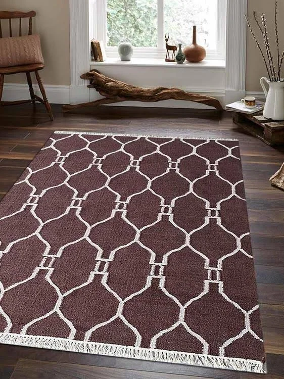 Rugsotic Carpets Hand Woven Flat Weave Kilim Wool 4&x6& Area Rug Contemporary White Brown D00129