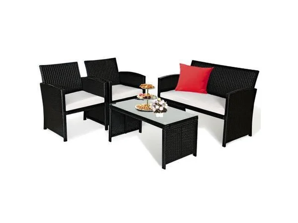Costway 4 Pieces Patio Rattan Furniture Conversation Set Cushioned Sofa Table Garden