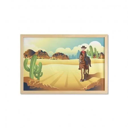 Western Horse Wall Art with Frame - Country Themed Clipart Illustration Cowboy Riding in Desert Wild West, Printed Fabric Poster