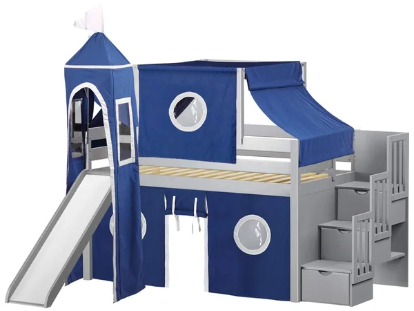 Jackpot Castle Low Loft Twin Stairway Bed with Slide Blue & White Tent and Tower - Gray