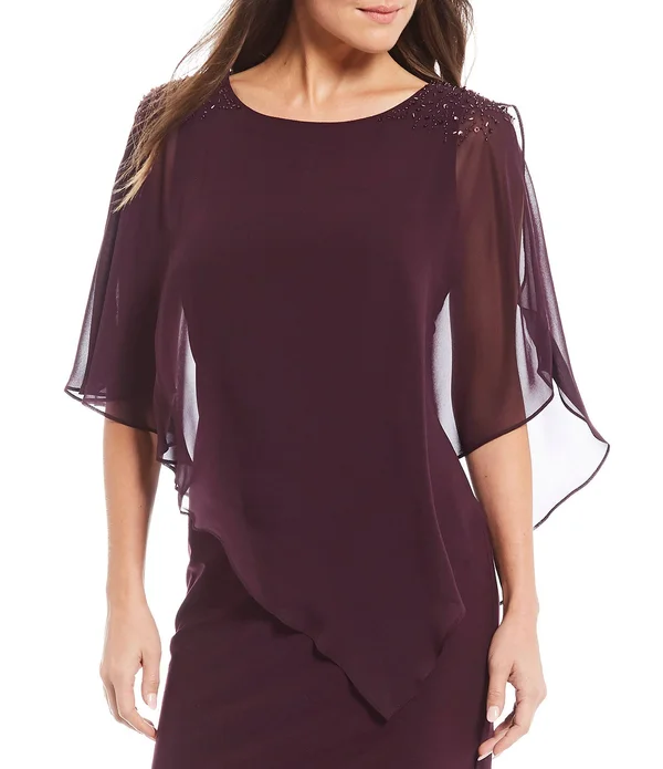Slny Aubergine Women's Asymmetrical Cape with Beaded Shoulder Dress