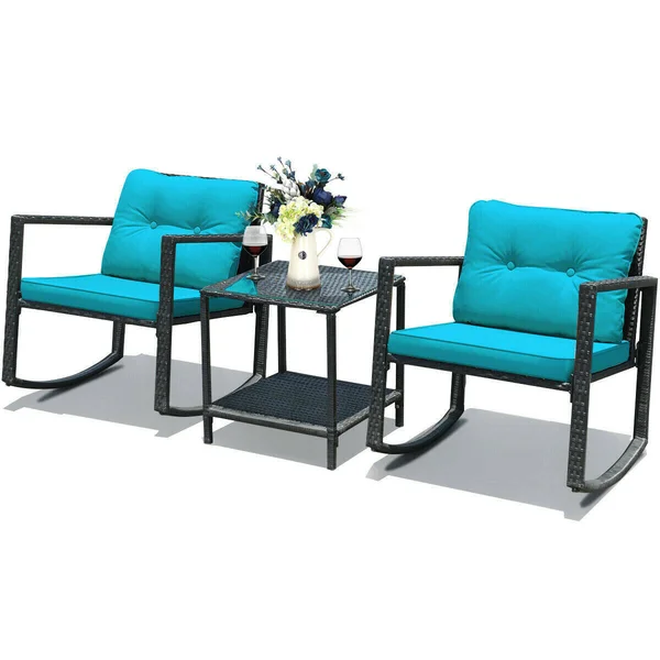 3 Pcs Patio Rattan Set Rocking Chair Cushioned Sofa Garden Furniture-Blue