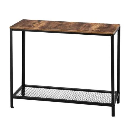 Modern Industrial Wood Grain 2 Floors 40-Inch Rectangle Wrought Iron Sofa Table - Rustic Brown, Black