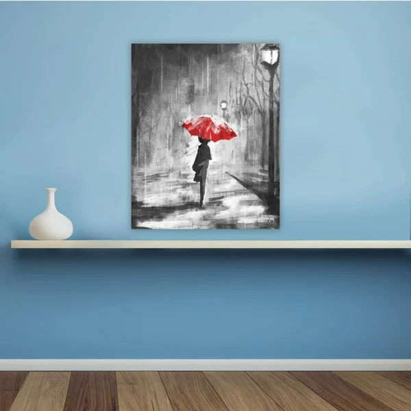 Creative Gallery A Rainy Walk Red Umbrella 20-in H x 16-in W Figurative Print on Canvas, PEO000002CAN16X20TX