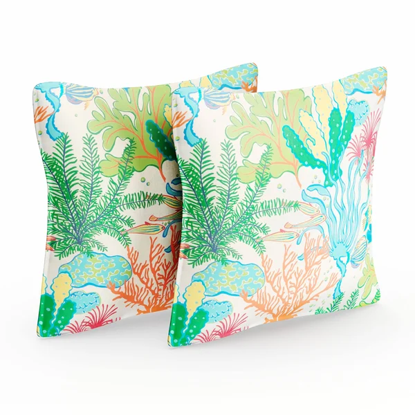 San Elijo Blue Green Indoor/ Outdoor Flange Square Pillows (Set of 2) by Havenside Home - 18 in H x 18 in W
