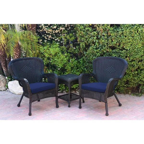 Windsor Black Wicker Chair and End Table Set with Chair Cushion - Blue