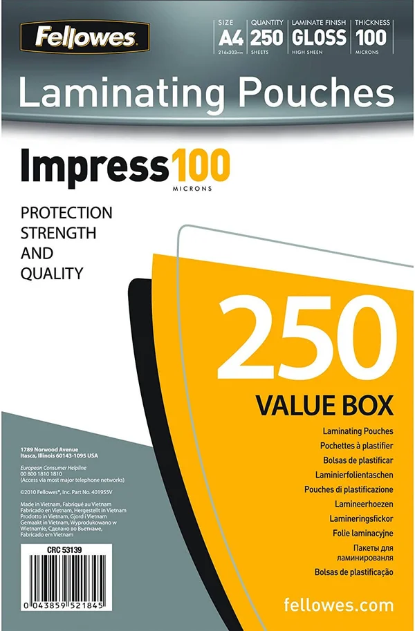 Fellowes A4 Glossy 100 Micron Laminating Pouch - 250-Pack