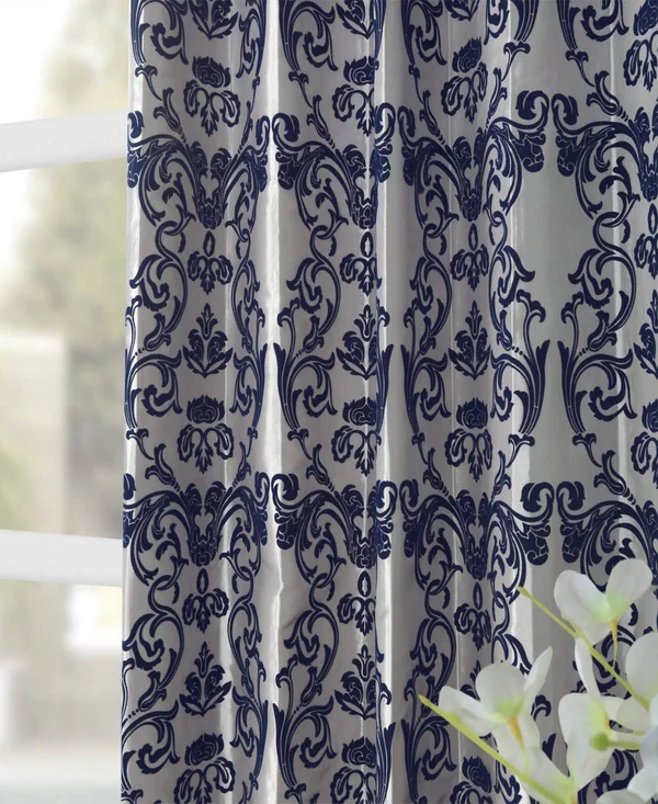 Exclusive Fabrics Firenze Silver & Blue Flocked Faux Silk Curtain, 84 Inches