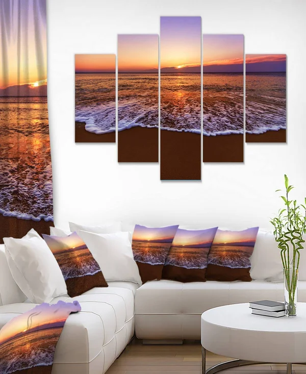 Design Art Orange Tinged Sea Waters at Sunset - Beach Canvas Wall Art, 60 in. Wide x 32 in. High - 5 Panels Diamond Shape