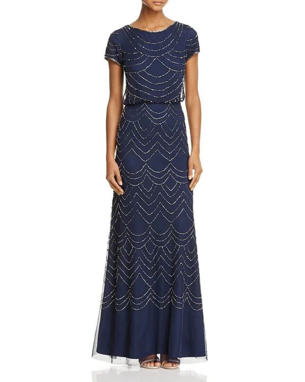 Adrianna Papell Short Sleeve Beaded Blouson Gown - Blush/Gold