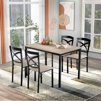 5-Piece Industrial Wooden Dining Set with Metal Frame and 4 Ergonomic Chairs Gracie Oaks Table Top Color: Oak - Chair Color: Oak