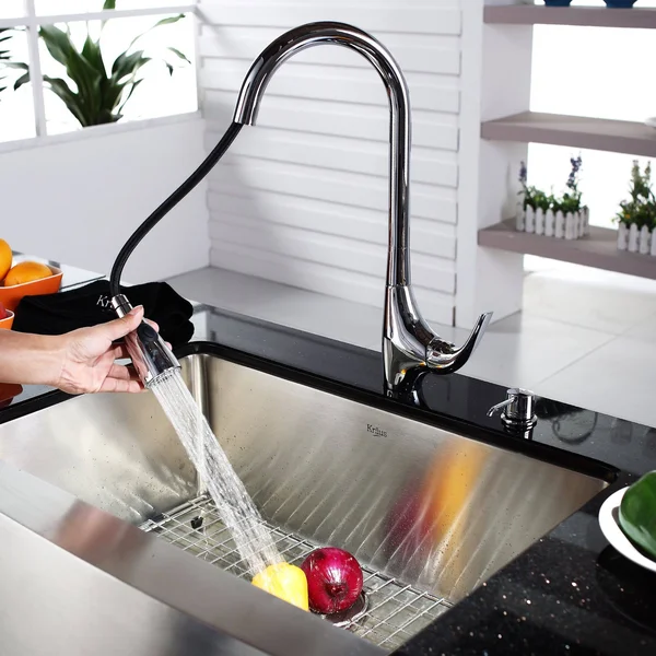 Kraus Stainless Steel Farmhouse Bowl Sink Combo Single Handle Kitchen Faucet