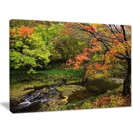 Design Art &Fall Trees in Bright Colors& Photographic Print on Wrapped Canvas - Size: 30 inch H x 40 inch W x 1 inch D, Green