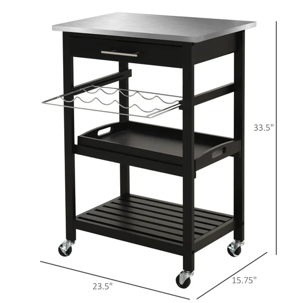 HOMCOM Kitchen Utility Cart Pine 3-Tier Multifunction Kitchen Rolling Island Cart with Open Storage Shelves Wine Rack & Stai